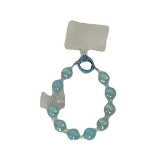 Large Blue Beaded with Clear Bow Charm Phone Accessory Wristlet with Phone Tab - Picture 3 of 15